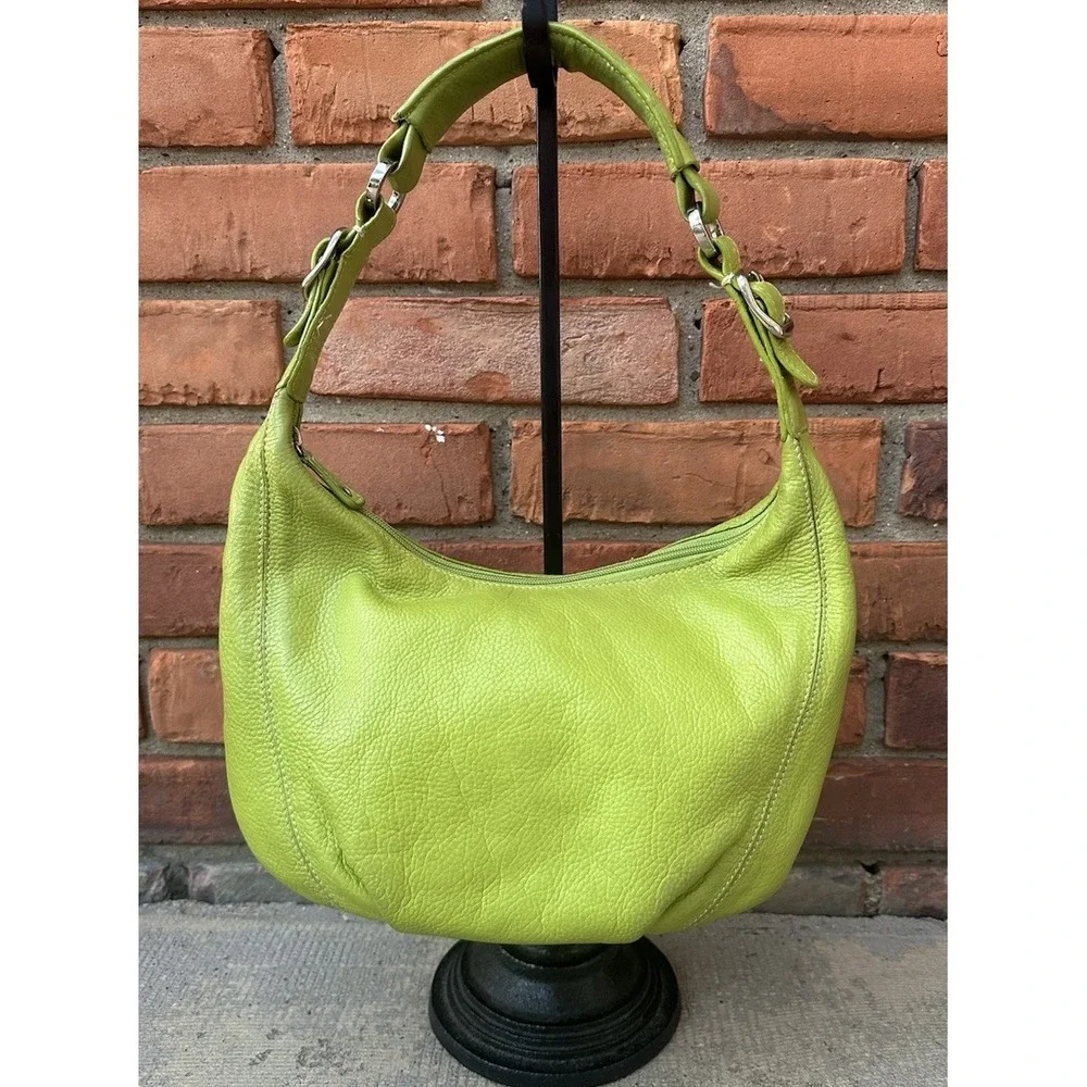 TIGNANELLO Pebbled Leather Green Hobo Zip Top Purse Bag Shoulder Y2K 90's